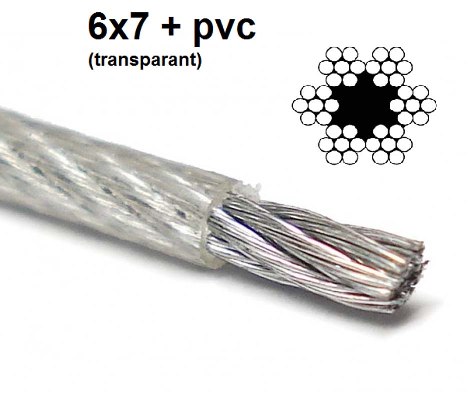 Staalkabel 6x7 PVC (transparant), staal-PVC